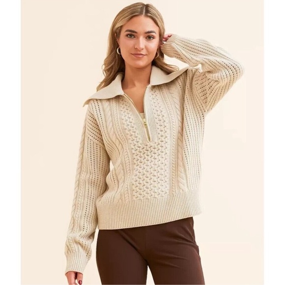 Sweaters - Varley Women's Carmelo Cream Cable Knit Half Zip Sweater - Small